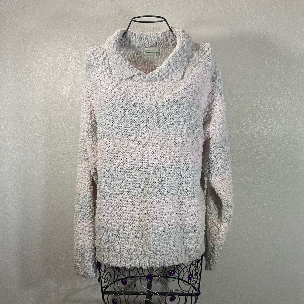 Vintage Shenanigans Popcorn collared Sweater Striped pastel pink and grey